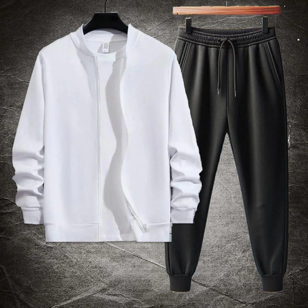 Men's Fleece Zipper Track Suit - 2 Pcs in Classic White